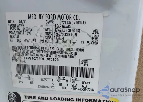 2011 Ford F-150 Lariat z USA, uszkodzony, nr VIN 1FTFW1CT3BFC85166